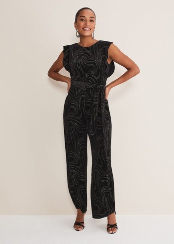 Phase Eight Victoriana Swirl Velvet Jumpsuit Black/Gold USA | 7650249-ML